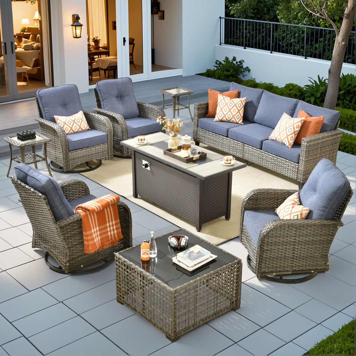 XIZZI 9-Piece Patio Furniture Set Outdoor Furniture with Fire Pit and 4 Swivel Chairs, High-Back All-Weather Rattan Wicker Outdoor Conversation Set with Solar Light Coffee Table Dark Gray