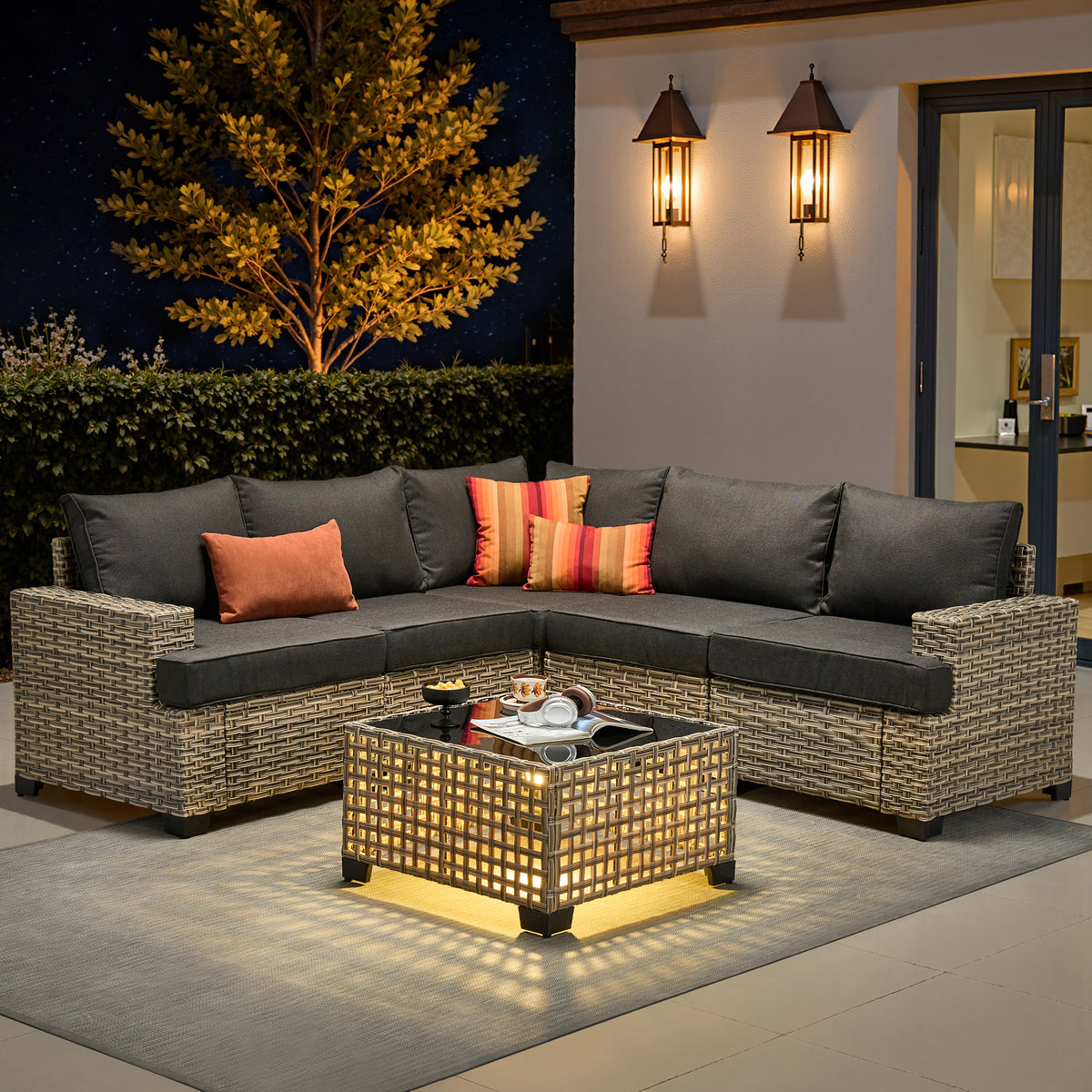 XIZZI 6-Piece Outdoor Patio Sectional Furniture Sets, Wicker Patio furniture with Coffee Table and Cushions, Waterproof Outdoor Conversation Set for Balcony, Porch, Backyard，Black