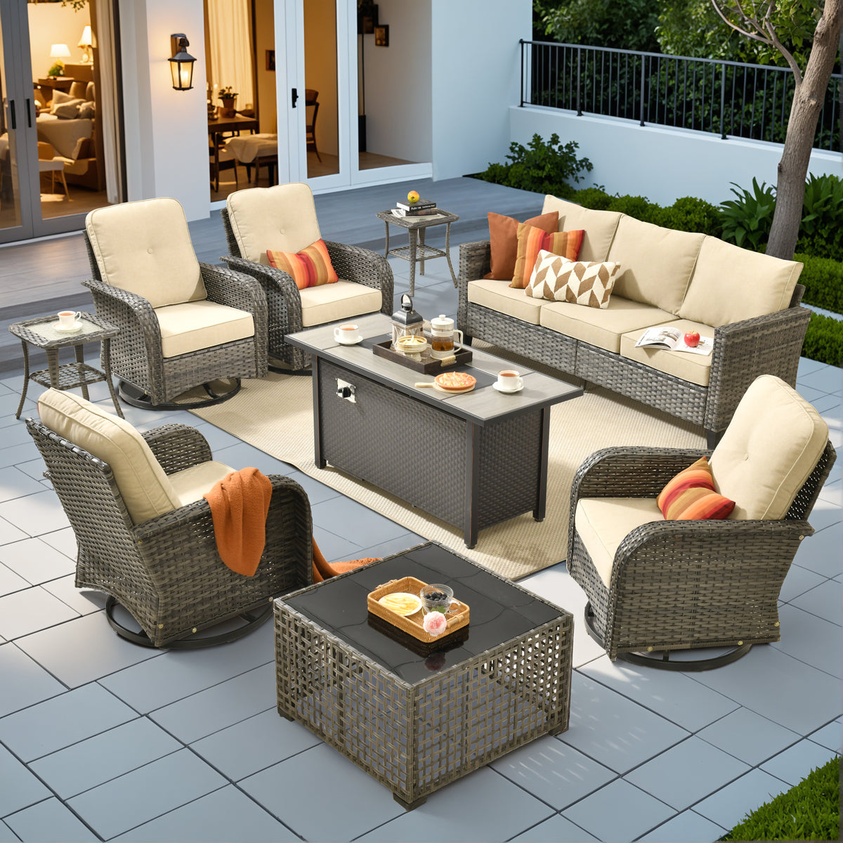 XIZZI 9-Piece Patio Furniture Set Outdoor Furniture with Fire Pit and 4 Swivel Chairs, High-Back All-Weather Rattan Wicker Outdoor Conversation Set with Solar Light Coffee Table Beige