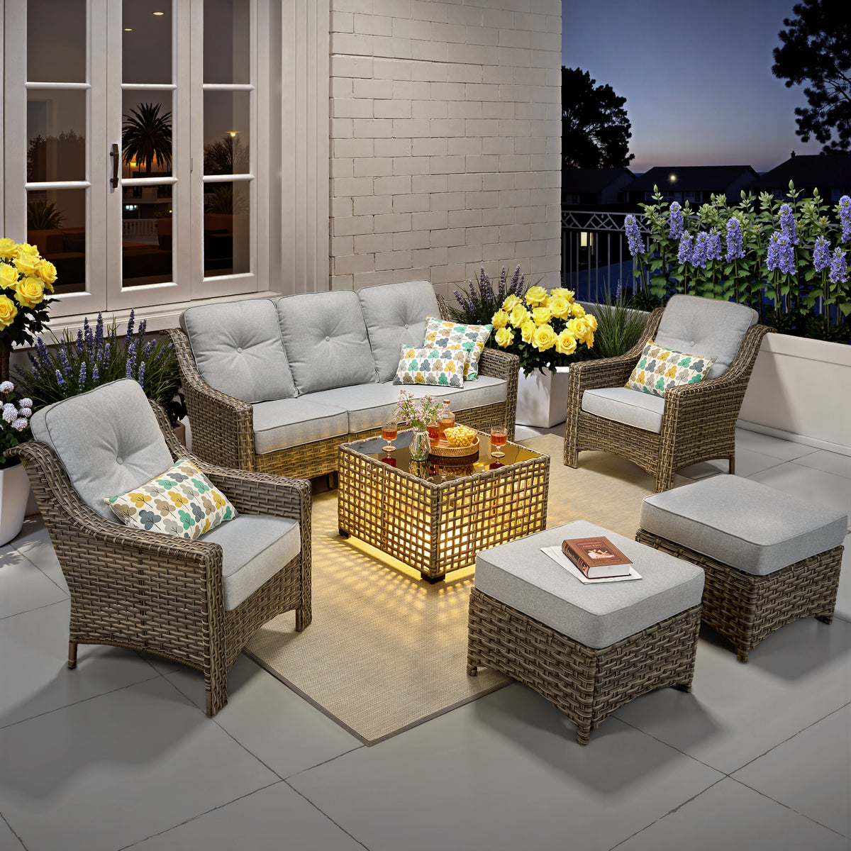 XIZZI 6 Pieces Outdoor Patio Rattan Wicker Furniture Sofa Set with Solar Coffee Table,Grey
