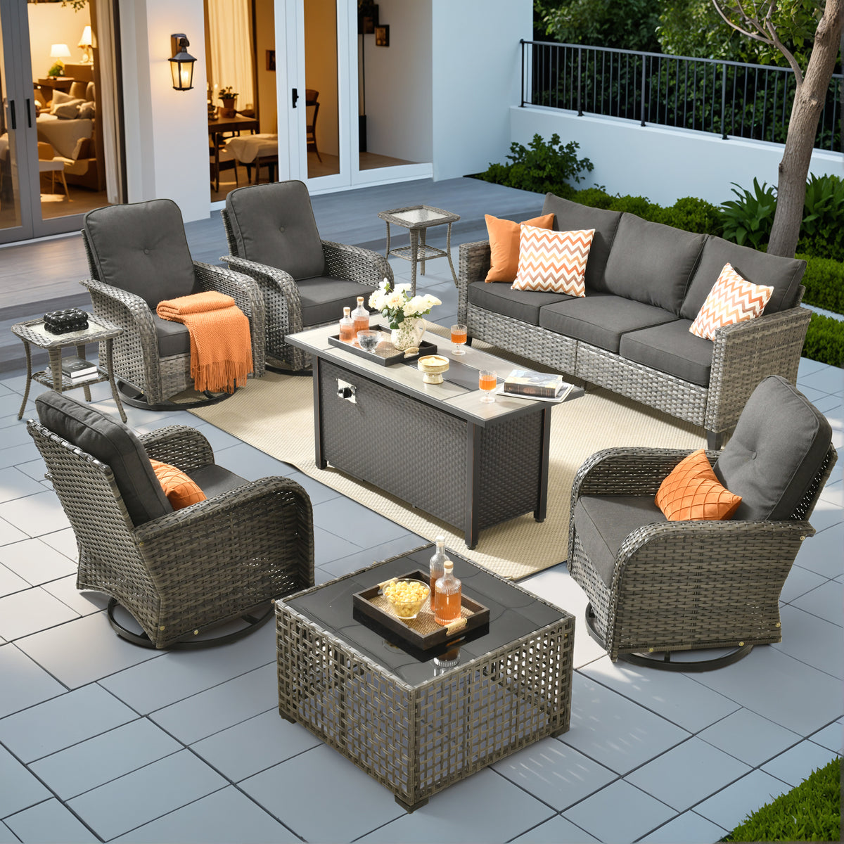 XIZZI 9-Piece Patio Furniture Set Outdoor Furniture with Fire Pit and 4 Swivel Chairs, High-Back All-Weather Rattan Wicker Outdoor Conversation Set with Solar Light Coffee Table Black