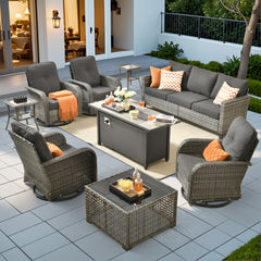 XIZZI 9-Piece Patio Furniture Set Outdoor Furniture with Fire Pit and 4 Swivel Chairs, High-Back All-Weather Rattan Wicker Outdoor Conversation Set with Solar Light Coffee Table Black