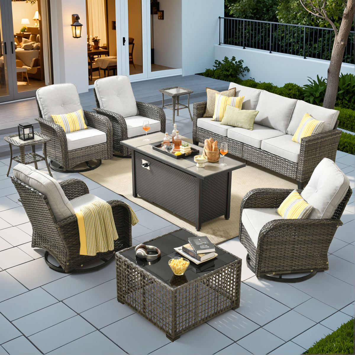 XIZZI 9-Piece Patio Furniture Set Outdoor Furniture with Fire Pit and 4 Swivel Chairs, High-Back All-Weather Rattan Wicker Outdoor Conversation Set with Solar Light Coffee Table Light Gray