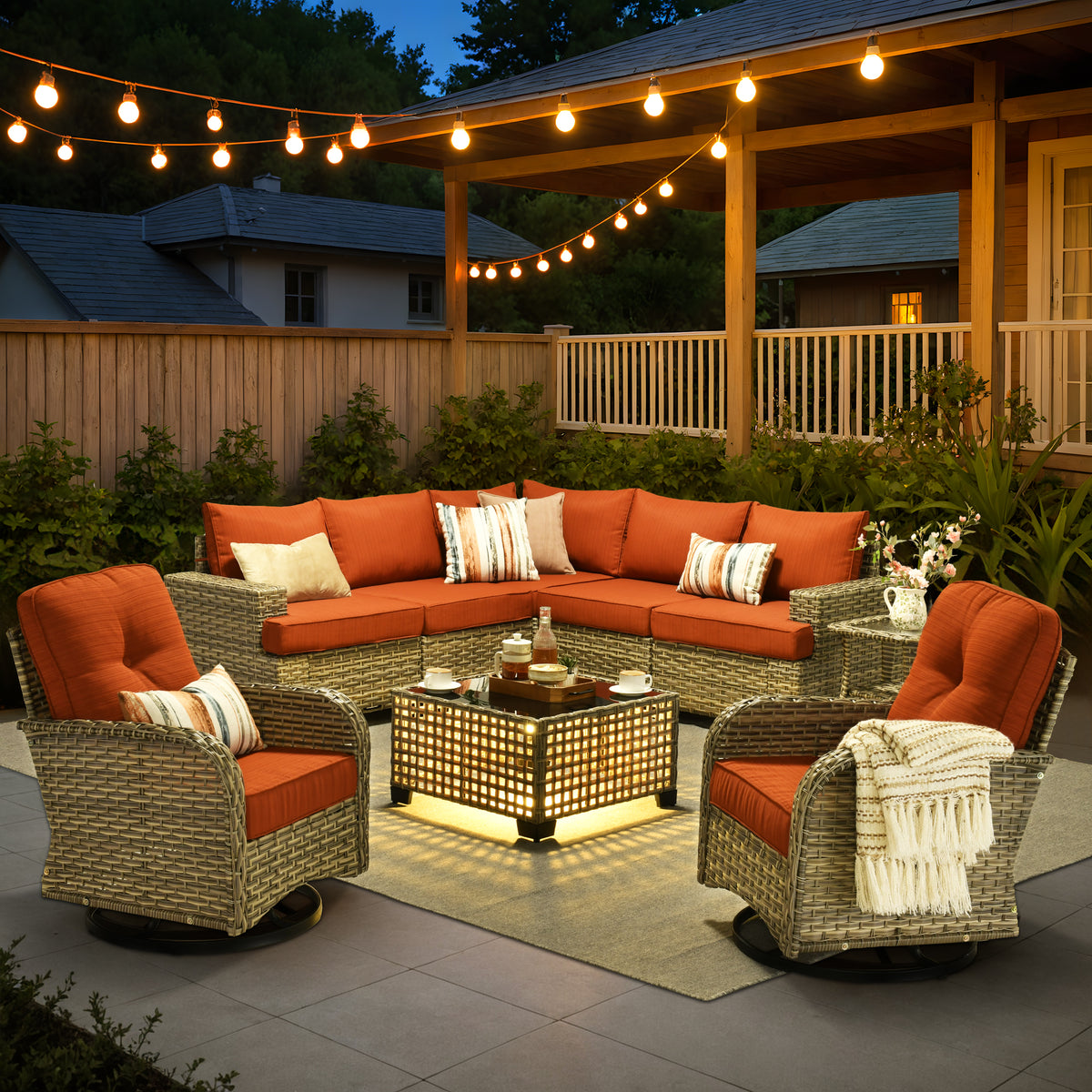 XIZZI 9-Piece Outdoor Patio Sectional Furniture Sets, Wicker Patio furniture with Coffee Table and Swivel Chairs,  Orange Red