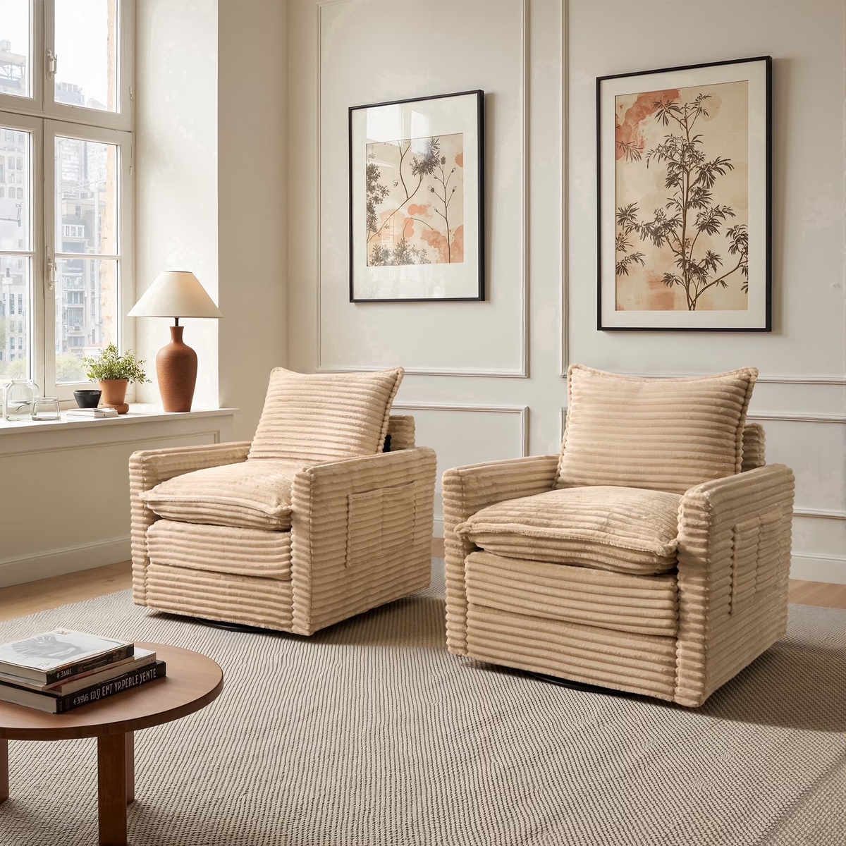 XIZZI Swivel Accent Chairs Set of 2 Corduroy 360°Swivel Armchair Reading Chair  Beige