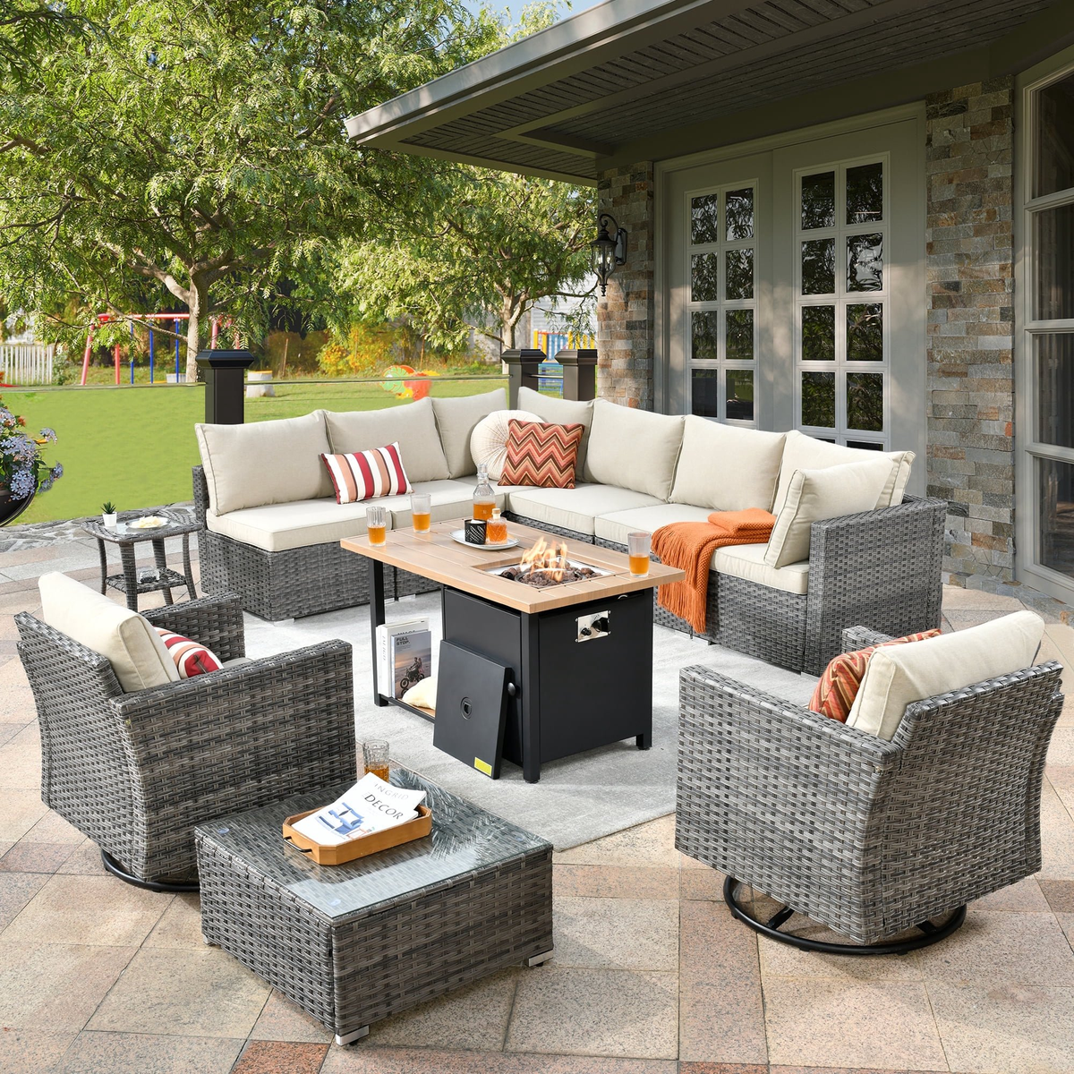 XIZZI Outdoor Furniture Wicker 11-piece Sectional Set with Swivel Rocking Chair and Fire Pit Table,Beige