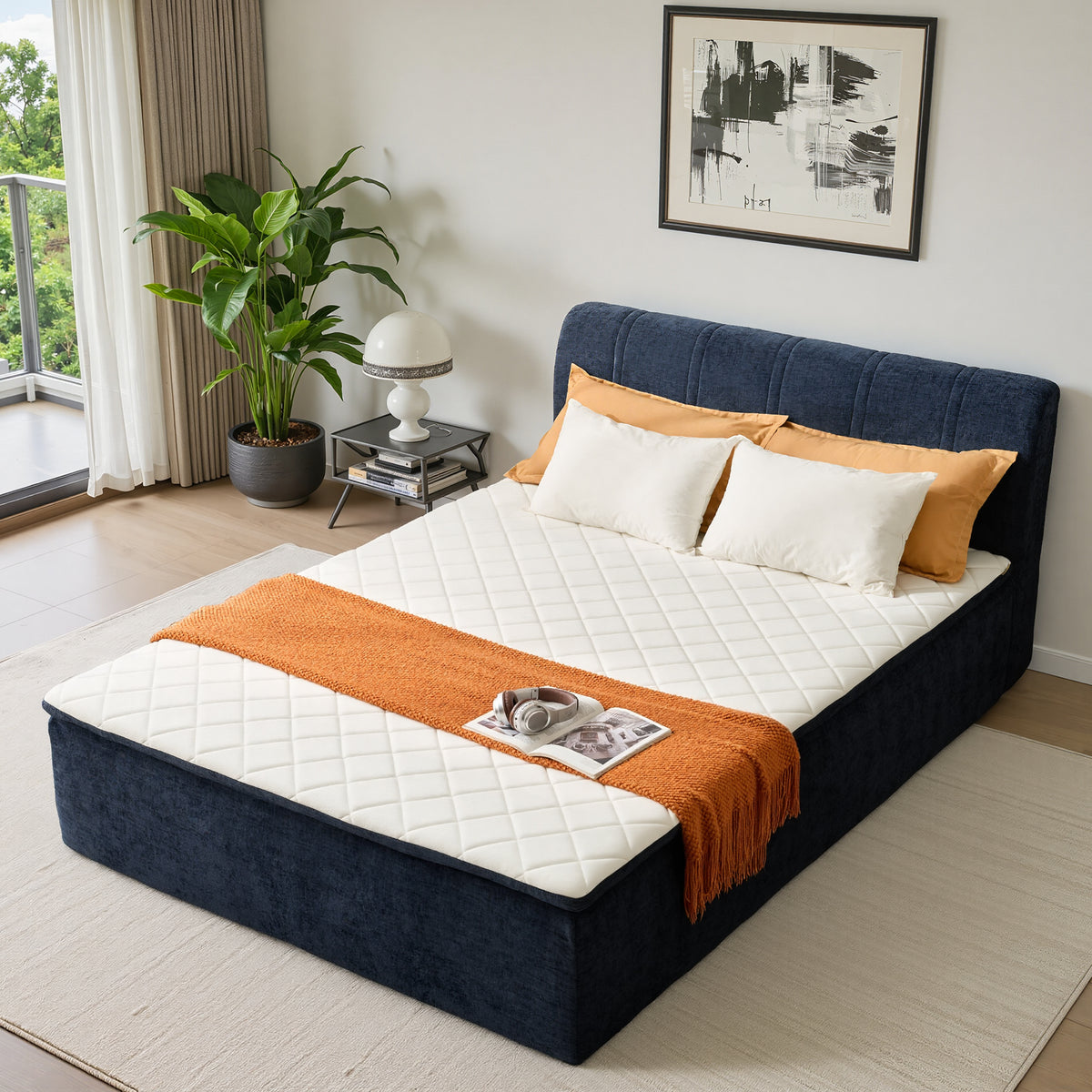 XIZZI Queen Size Cloud Bed,2-in-1 Beds Integrated Bed Frame with Mattress, Luxurious Chenille Fabric, Noise-Free Mattress for Deep Sleep, No Assembly Navy