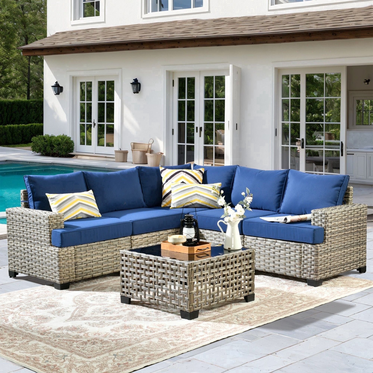 XIZZI 6-Piece Outdoor Patio Sectional Furniture Sets Navy Blue