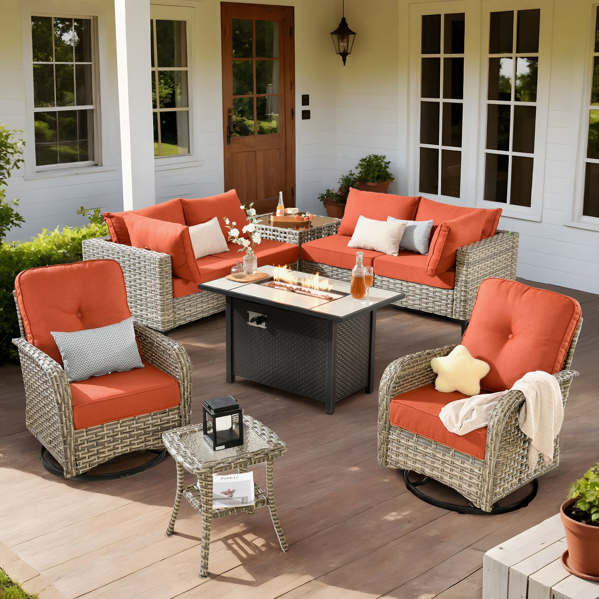 9-Piece Outdoor Patio Furniture Set, High Back Wicker Sectional  Coarse Orange Red