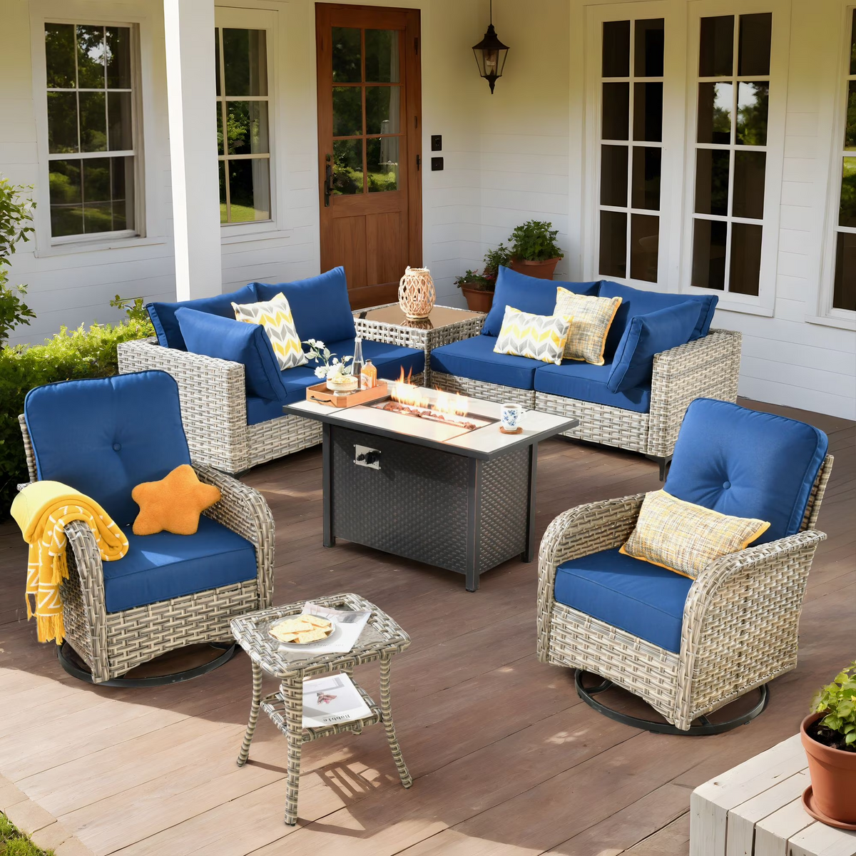 9-Piece Outdoor Patio Furniture Set, High Back Wicker Sectional Navy Blue