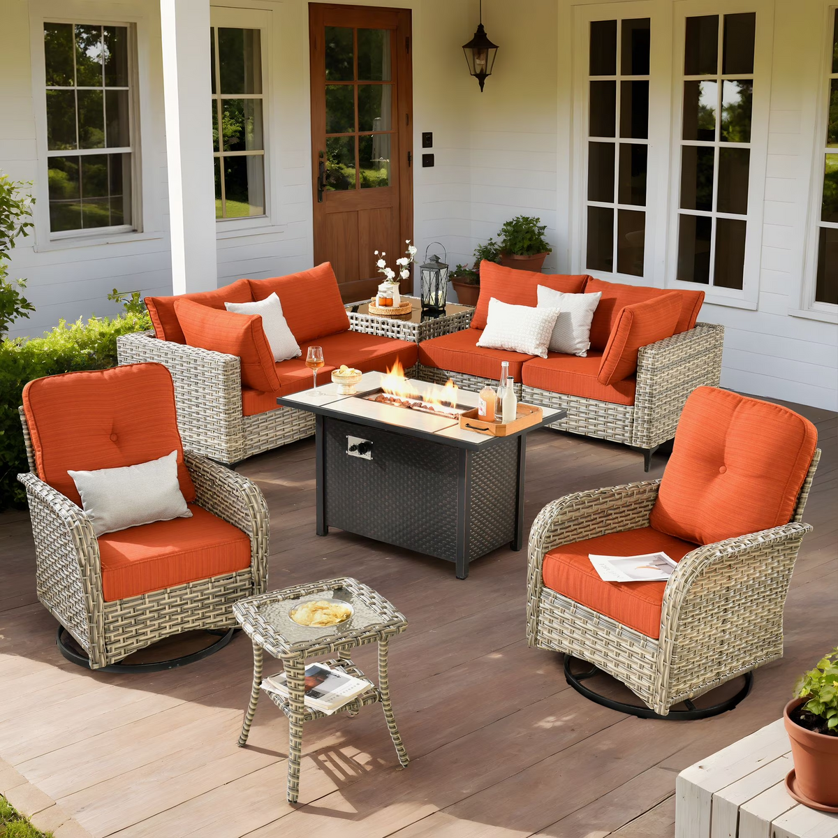 9-Piece Outdoor Patio Furniture Set, High Back Wicker Sectional  Orange Red