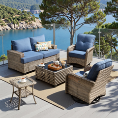 XIZZI Patio Furniture 6 Pieces Wicker Furniture Set All-Weather Outdoor Conversation Sectional Sofa Set with Coffee Table and Swivel Chairs for Porch, Denim Blue
