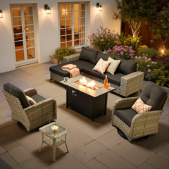 XIZZI Patio Furniture Outdoor Conversation Set with Wide Armrests, Wicker Rattan Patio Outdoor sectional with Firepit Table and Swivel Rocking Chair, Black