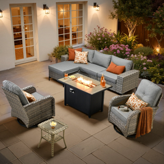 XIZZI Patio Furniture Outdoor Conversation Set with Wide Armrests, Wicker Rattan Patio Outdoor sectional with Firepit Table and Swivel Rocking Chair,Dark Grey