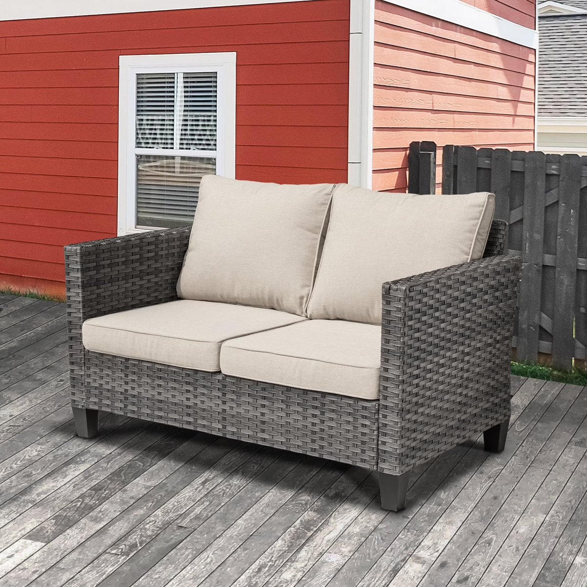 XIZZI Outdoor Furniture 50" Loveseat Sofa Couch with Gray Wicker Rattan(Beige Cushion)