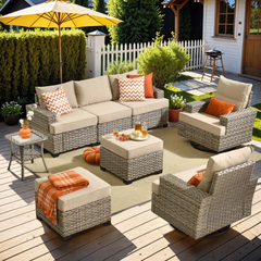 XIZZI 8 Pieces Outdoor Patio Furniture All Weather Rattan Conversation Set High Back Seating Set Modular Outside Sectional Sofa with Swivel Rocking Chairs for Porch,Beige