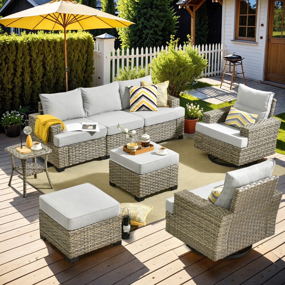XIZZI 8 Pieces Outdoor Patio Furniture All Weather Rattan Conversation Set High Back Seating Set Modular Outside Sectional Sofa with Swivel Rocking Chairs for Porch,Gray