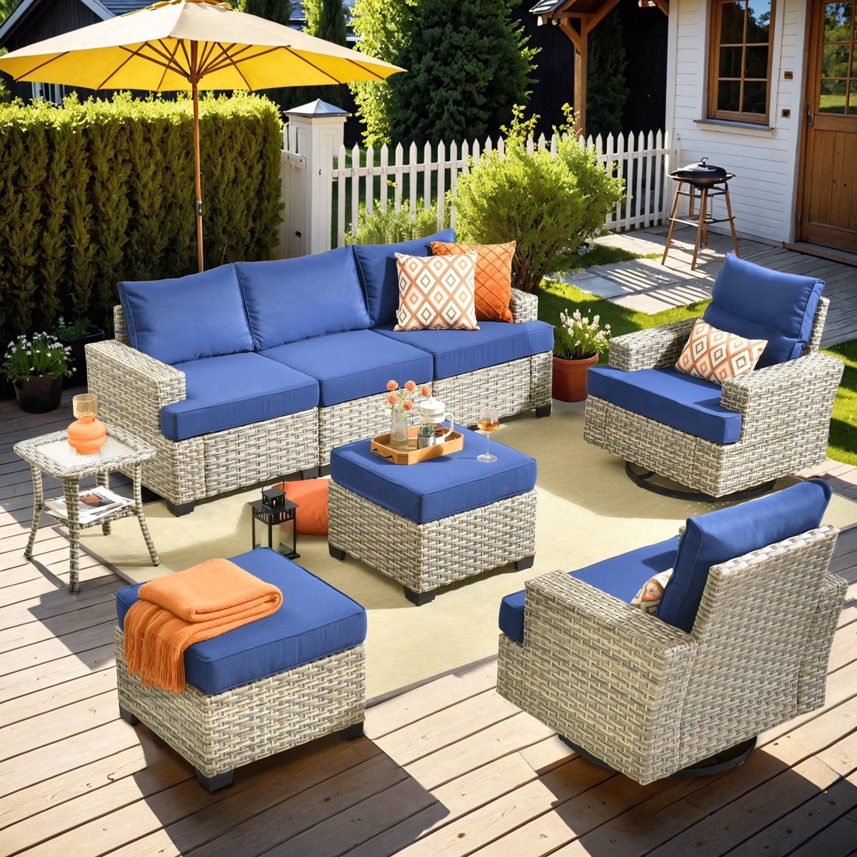 XIZZI 8 Pieces Outdoor Patio Furniture All Weather Rattan Conversation Set High Back Seating Set Modular Outside Sectional Sofa with Swivel Rocking Chairs for Porch,Navy Blue