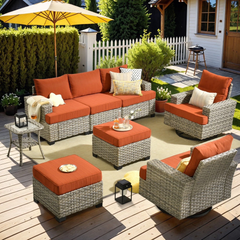 XIZZI 8 Pieces Outdoor Patio Furniture All Weather Rattan Conversation Set High Back Seating Set Modular Outside Sectional Sofa with Swivel Rocking Chairs for Porch,Orange Red