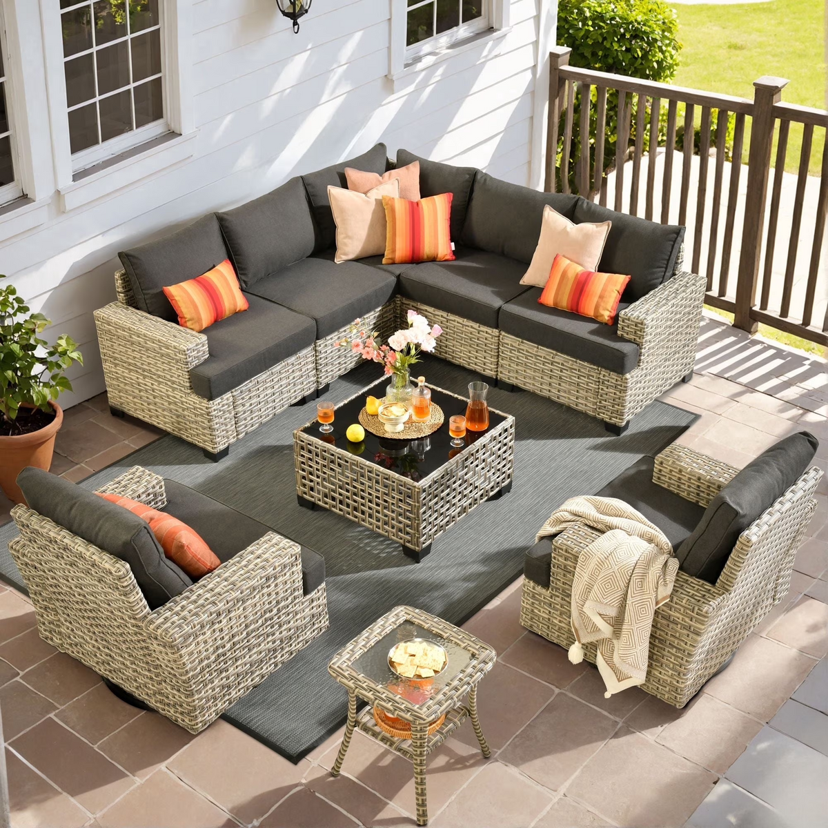 XIZZI Patio Furniture 9 Pieces All Weather Wicker Sectional Sofa Set Rattan Outdoor Conversation Set with Swivel Rocking Chairs for Garden, Black