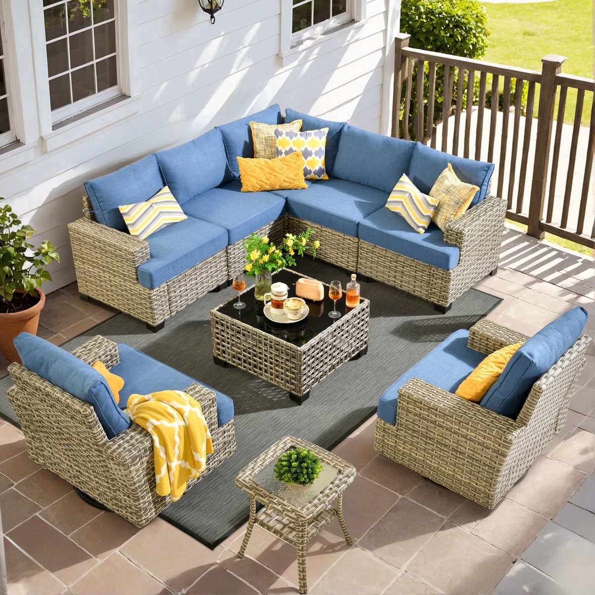 XIZZI Patio Furniture 9 Pieces All Weather Wicker Sectional Sofa Set Rattan Outdoor Conversation Set with Swivel Rocking Chairs for Garden, Denim Blue