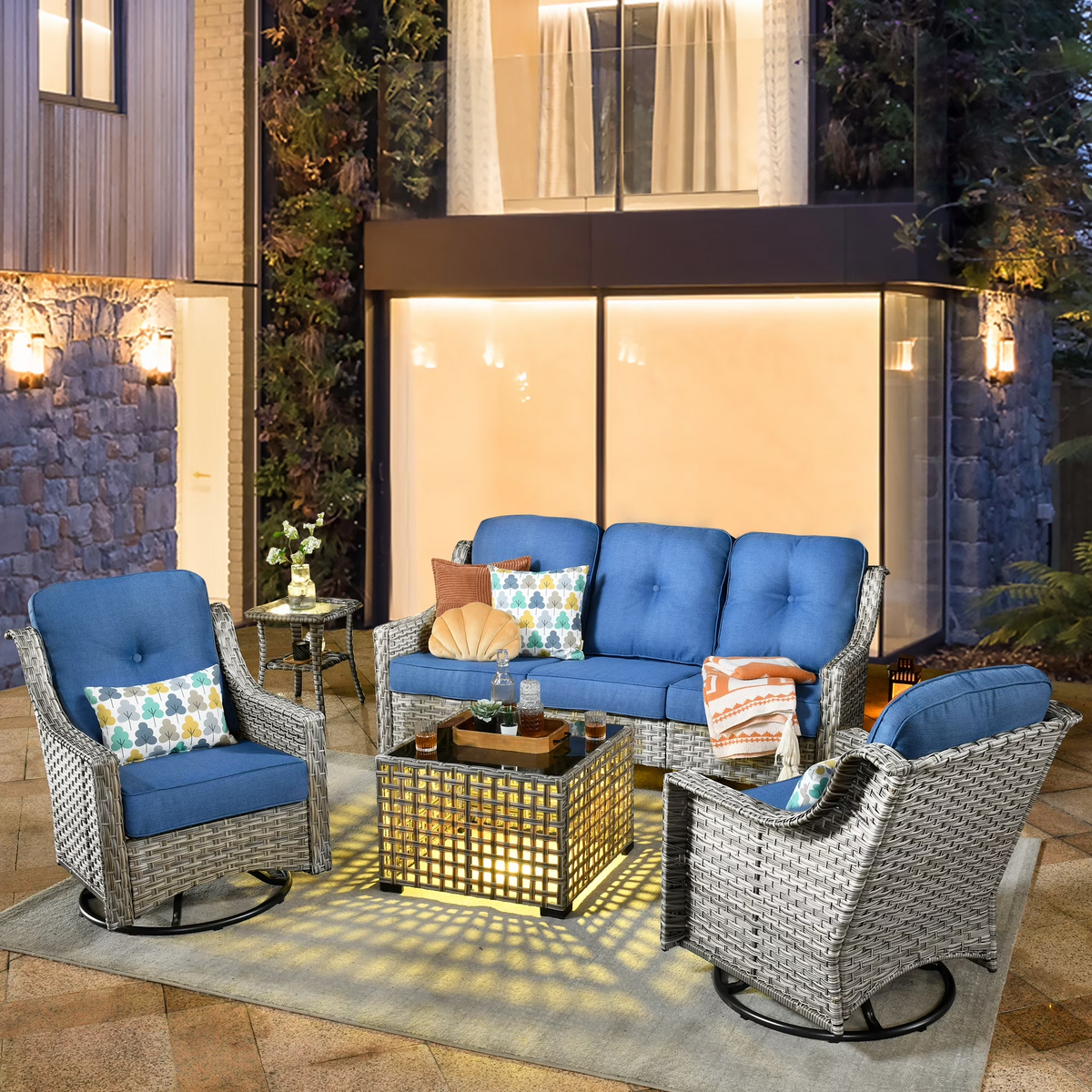 XIZZI Outdoor Furniture Patio Furniture Set 5 Piece Patio Conversation Set with Solar Coffee Table,Swivel Rocking Chair,Side Table-Diamond Blue
