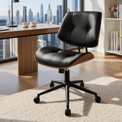 XIZZI Home Office Chair, Armless Mid-Century Ergonomic Desk Chair with 3" Thick Cushion, Premium PU Leather Mid Back 360 Swivel Computer Chair with Walnut Design, Button-Tufted Black