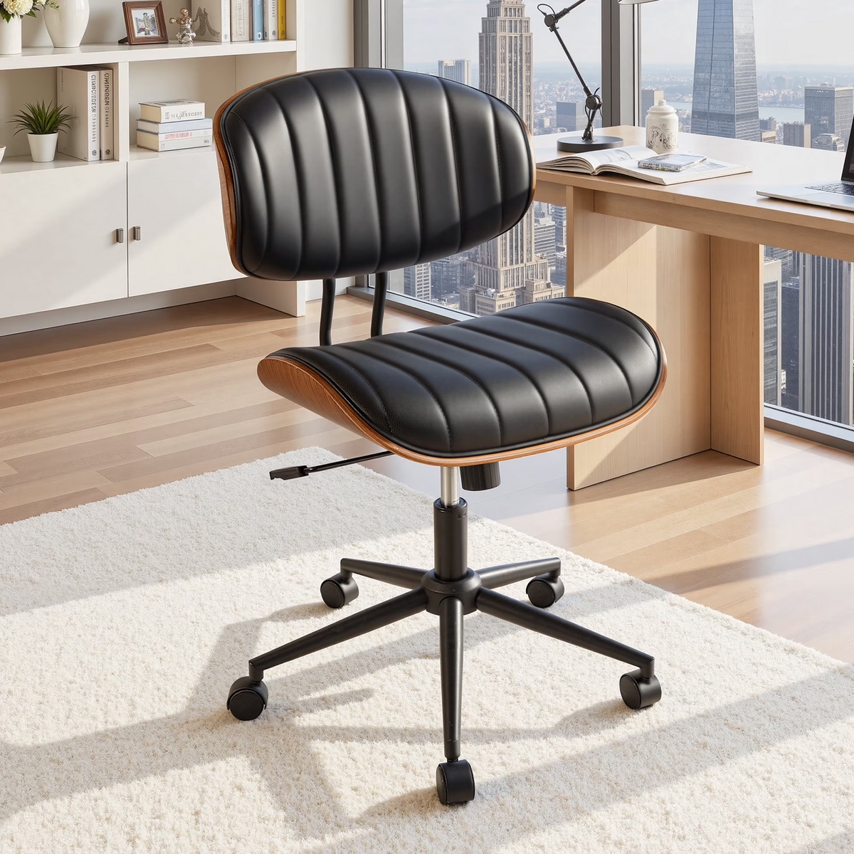 XIZZI Home Office Chair, Armless Mid-Century Ergonomic Desk Chair with 3" Thick Cushion, Premium PU Leather Mid Back 360 Swivel Computer Chair with Walnut Design, Ribbed Black