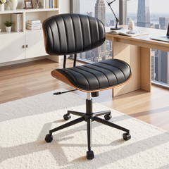 XIZZI Home Office Chair, Armless Mid-Century Ergonomic Desk Chair with 3" Thick Cushion, Premium PU Leather Mid Back 360 Swivel Computer Chair with Walnut Design, Ribbed Black