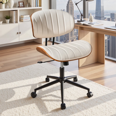 XIZZI Home Office Chair, Armless Mid-Century Ergonomic Desk Chair with 3" Thick Cushion, Premium PU Leather Mid Back 360 Swivel Computer Chair with Walnut Design, Ribbed White