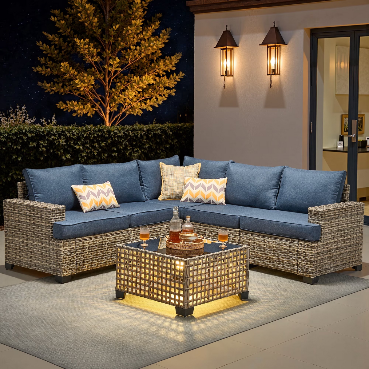 XIZZI 6-Piece Outdoor Patio Sectional Furniture Sets, Wicker Patio furniture with Coffee Table and Cushions, Waterproof Outdoor Conversation Set for Balcony, Porch, Backyard Denim Blue