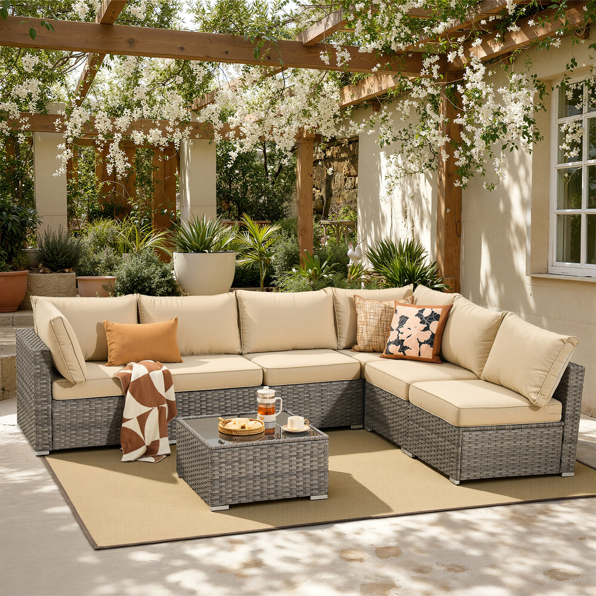 XIZZI 7-Piece Outdoor Sectional Furniture Sets, Wicker Patio Conversation Set Beige