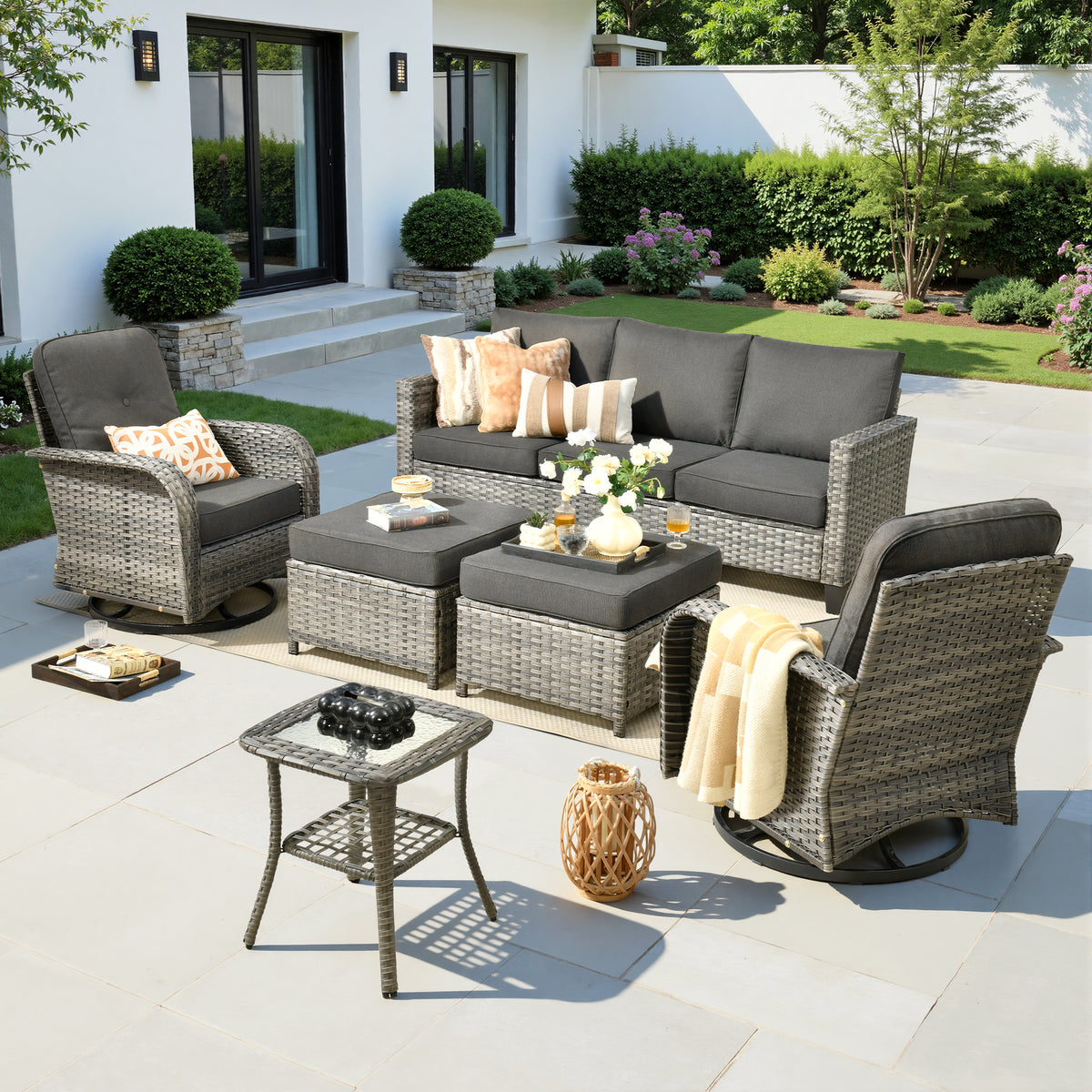 XIZZI 6-Pieces Wicker Patio Furniture Sets, Outdoor Furniture Sectional Sofa Dark Gray