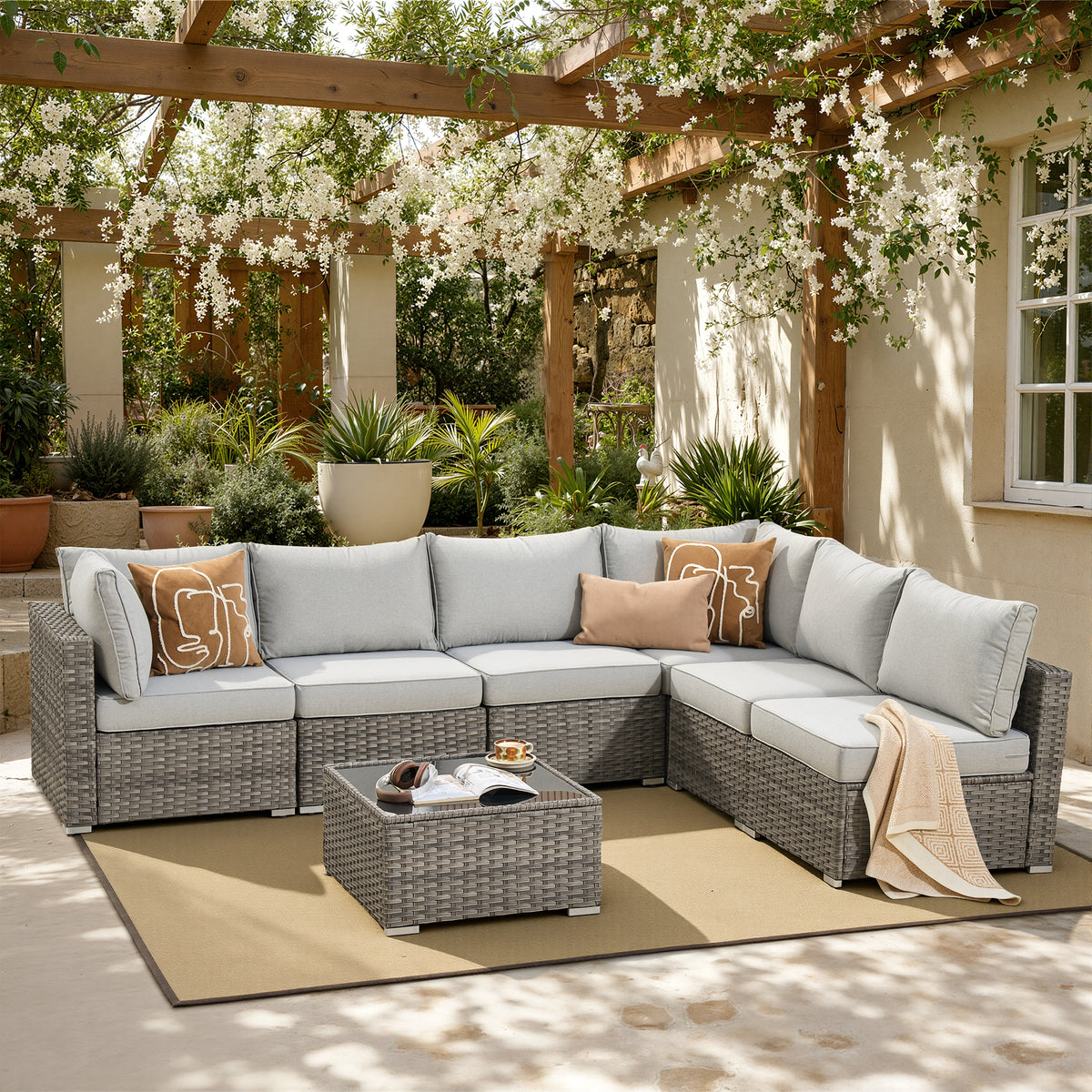 XIZZI 7-Piece Outdoor Sectional Furniture Sets, Wicker Patio Conversation Set Gray