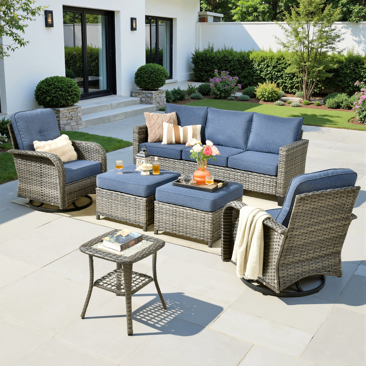 XIZZI 6-Pieces Wicker Patio Furniture Sets, Outdoor Furniture Sectional Sofa Denim Blue