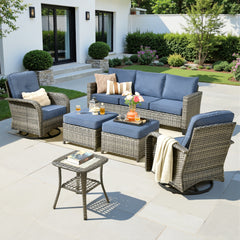 XIZZI 6-Pieces Wicker Patio Furniture Sets, Outdoor Furniture Sectional Sofa Denim Blue