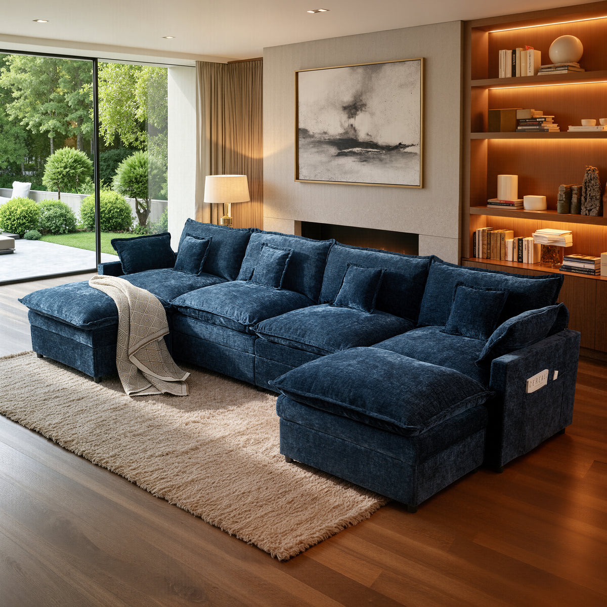 XIZZI 142.5 U-Shaped Modular Sectional Sofa with Double Ottomans, 4-seater Cloud Couch with Chenille Fabric, Dual Thick Cushions, Solid Wood Frame for Living Room-Dark Blue
