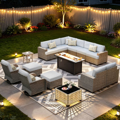 XIZZI 15-Piece Outdoor Patio Furniture Set with Fire Pit Table Swivel Rocking Chair, Wicker Outdoor Sectional with Ottoman & Solar Coffee Table for Garden, Large Villa Manor, Light Gray
