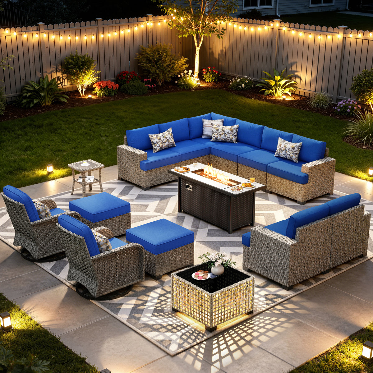 XIZZI 15-Piece Outdoor Patio Furniture Set with Fire Pit Table Swivel Rocking Chair, Wicker Outdoor Sectional with Ottoman & Solar Coffee Table for Garden, Large Villa Manor, Navy Blue