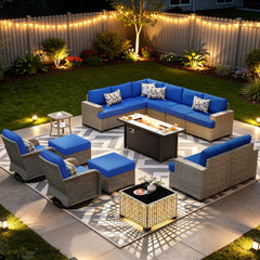 XIZZI 15-Piece Outdoor Patio Furniture Set with Fire Pit Table Swivel Rocking Chair, Wicker Outdoor Sectional with Ottoman & Solar Coffee Table for Garden, Large Villa Manor, Navy Blue