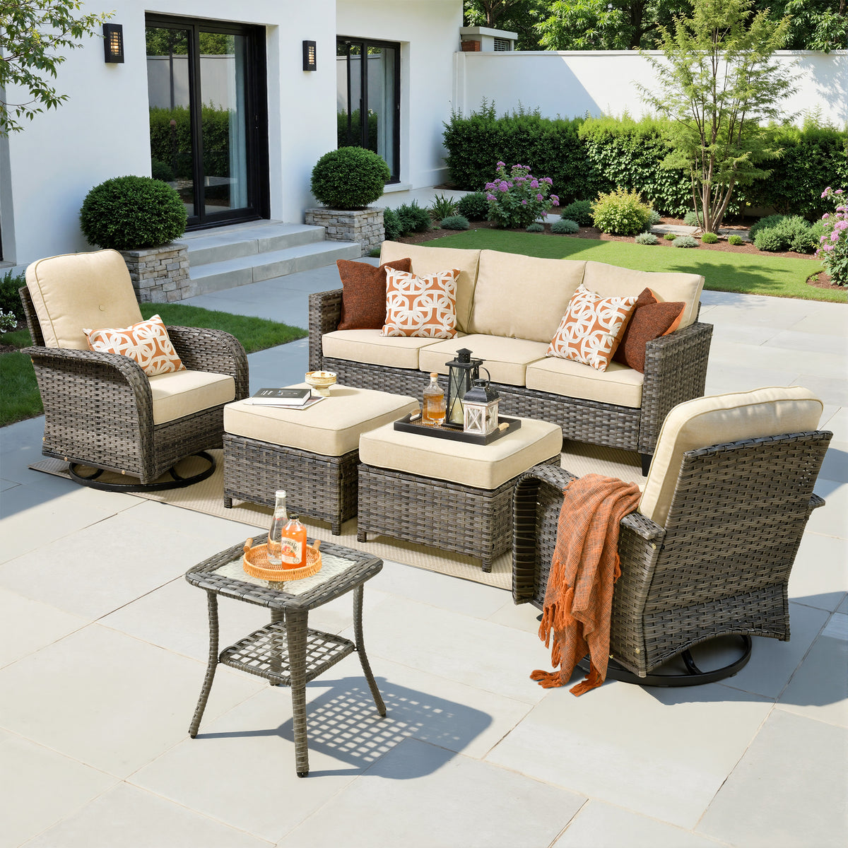 XIZZI 6-Pieces Wicker Patio Furniture Sets, Outdoor Furniture Sectional Sofa Beige