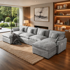 XIZZI 142.5 U-Shaped Modular Sectional Sofa with Double Ottomans, 4-seater Cloud Couch with Chenille Fabric, Dual Thick Cushions, Solid Wood Frame for Living Room-Dark Gray