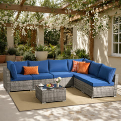 XIZZI 7-Piece Outdoor Sectional Furniture Sets, Wicker Patio Conversation Set Navy Blue