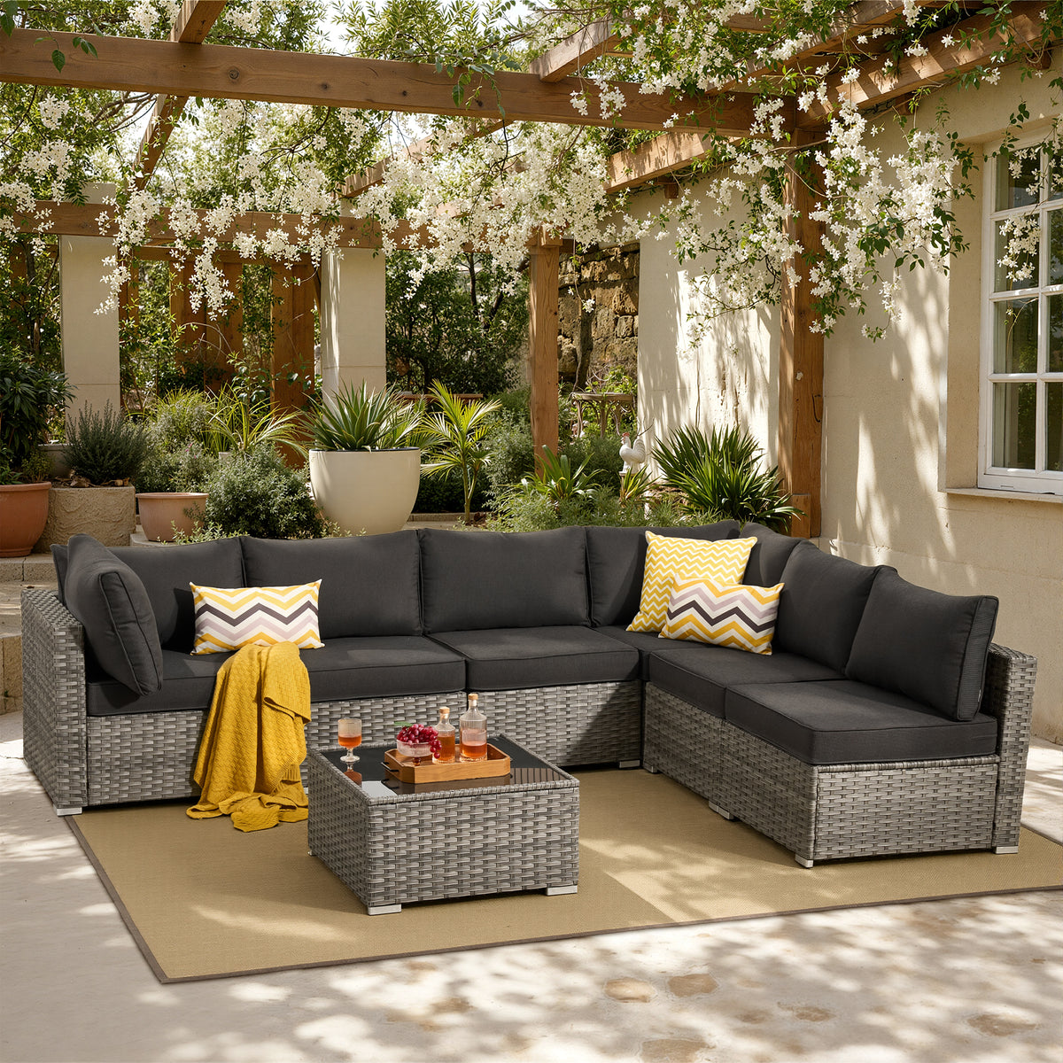 XIZZI 7-Piece Outdoor Sectional Furniture Sets, Wicker Patio Conversation Set Black