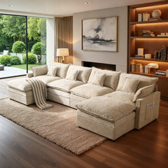 XIZZI 142.5 U-Shaped Modular Sectional Sofa with Double Ottomans, 4-seater Cloud Couch with Chenille Fabric, Dual Thick Cushions, Solid Wood Frame for Living Room-Oatmeal