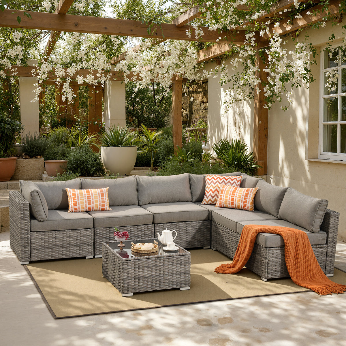 XIZZI 7-Piece Outdoor Sectional Furniture Sets, Wicker Patio Conversation Set Dark Gray