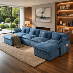 XIZZI 142.5 U-Shaped Modular Sectional Sofa with Double Ottomans, 4-seater Cloud Couch with Chenille Fabric, Dual Thick Cushions, Solid Wood Frame for Living Room-Light Blue