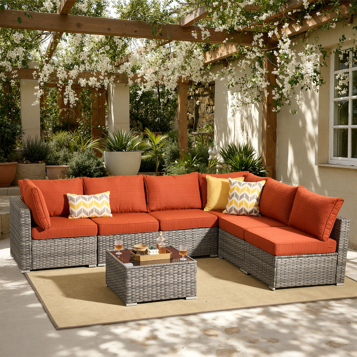 XIZZI 7-Piece Outdoor Sectional Furniture Sets, Wicker Patio Conversation Set Orange