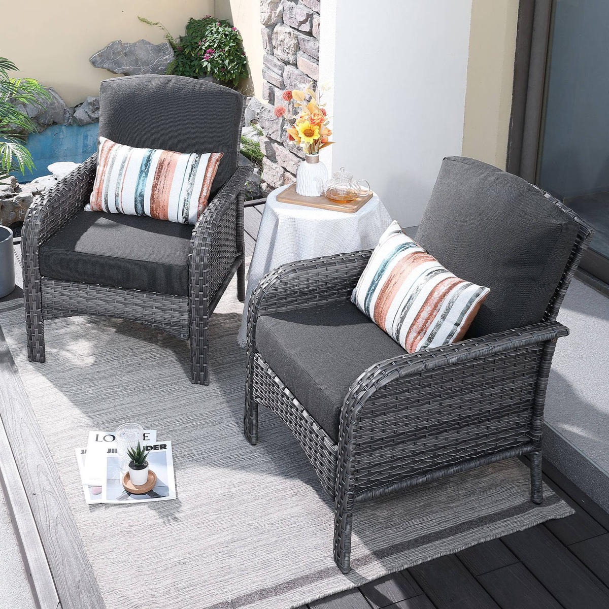 XIZZI 2 Pieces Wicker Outdoor Patio Furniture High Back Rattan Conversation Set Black