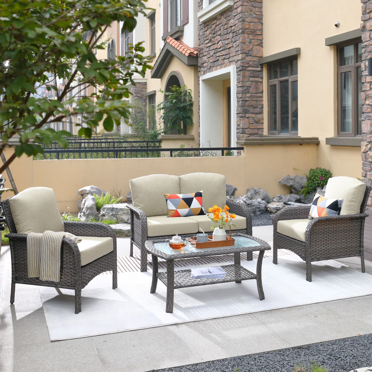 XIZZI 4 Pieces Wicker Patio Furniture All Weather Outdoor Conversation Set Beige